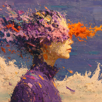 Illustration multicolored waves cover a woman's head