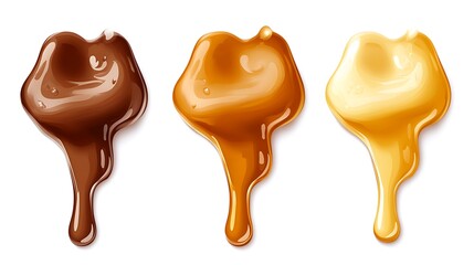 Obraz premium Chocolate, Caramel, and Honey Syrup Drips Isolated on White Background CloseUp Shot