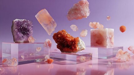 Vibrant crystals and minerals floating on transparent acrylic blocks with purple background