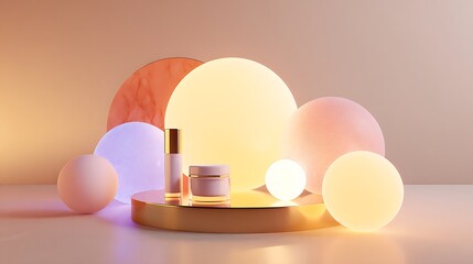 Modern cosmetic products displayed on a round wooden platform surrounded by glowing orbs in soft pastel colors creating a serene and luxurious ambiance