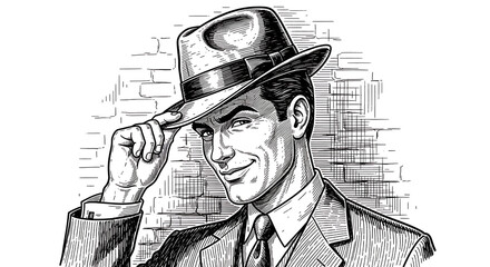Classic sophisticated gentleman tipping a vintage fedora hat in a detailed retro sketch engraving style showcasing dapper masculine charm and timeless elegance with a monochromatic artistic flair