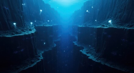 Underwater canyon with glowing lights and deep blue water environment