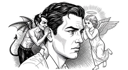 Pensive man contemplating moral dilemmas with miniature angel and demon figures perched on shoulders representing inner spiritual conflict, ethical choices, and psychological struggle sketch art.