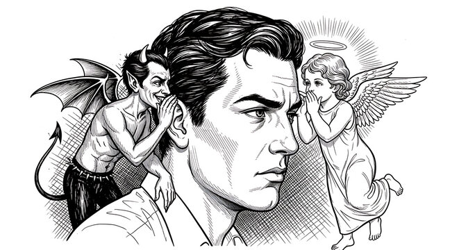 Pensive man contemplating moral dilemmas with miniature angel and demon figures perched on shoulders representing inner spiritual conflict, ethical choices, and psychological struggle sketch art.