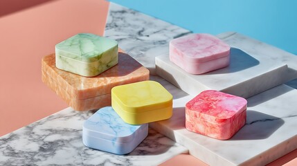 Colorful marble soap cubes on pastel platforms and marble surfaces with soft lighting and vibrant hues creating a playful bathroom or spa ambiance