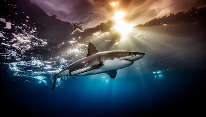 Obraz premium Great white shark swimming underwater with sunlight rays and clear ocean depth in dramatic marine setting.