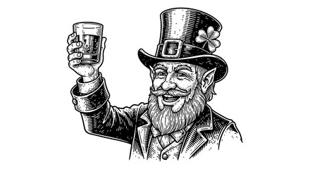 Vintage hand-drawn sketch of a joyful Irish leprechaun raising a whiskey glass in a festive toast, wearing a classic green top hat with a lucky shamrock, celebrating traditional folklore spirit.