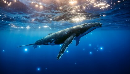 Fototapeta premium Humpback whale swimming underwater in deep blue ocean with glowing particles and shimmering sunlight rays.