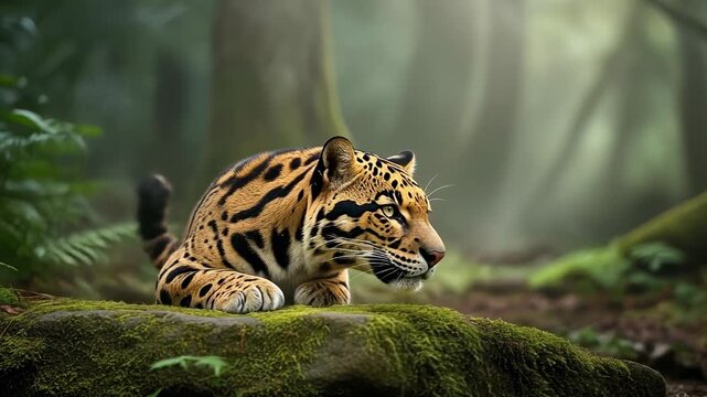 Clouded Leopard Resting on Mossy Rock in Lush Green Forest.