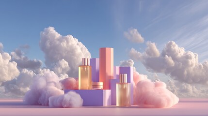 Surreal 3d render of cosmetic bottles and geometric shapes on purple podium with fluffy clouds against blue sky