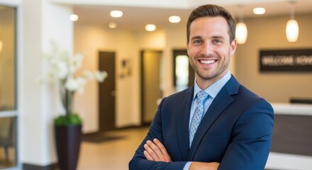 Fototapeta premium A smiling man in a suit standing in a lobby with a vase of flowers.