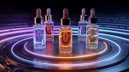 Modern glass dropper bottles with colorful liquids on a neon lit circular platform futuristic design vibrant colors and sleek packaging