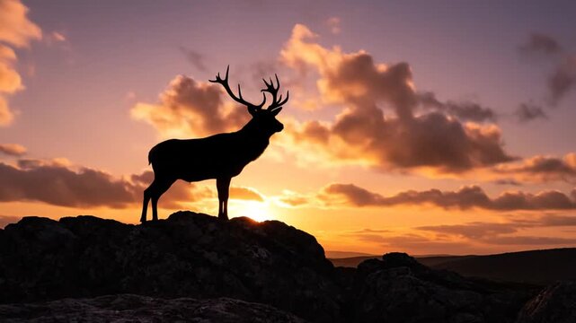 Silhouette of a deer with antlers standing on a rocky outcrop against a vibrant orange and purple sunset with scattered clouds.