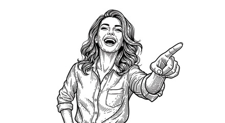 Artistic sketch of a joyful young female with voluminous curly hair laughing heartily while pointing her finger with genuine enthusiasm in an intricate vintage engraving illustration style.
