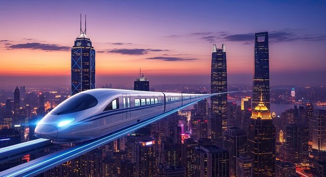 A futuristic high-speed maglev train flying above a city skyline at sunset.