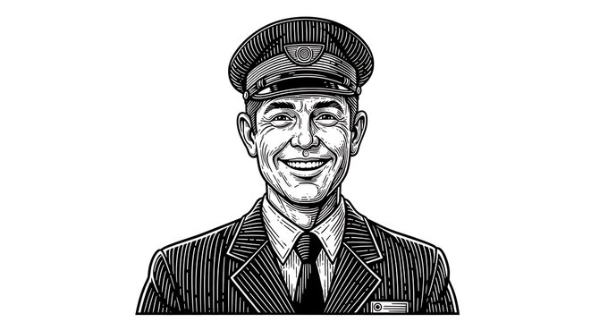 Cheerful vintage locomotive conductor wearing a classic striped engineer cap and sturdy work uniform depicted in a detailed waist-up sketch engraving artistic illustration.