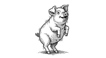 Cheerful swine performing a joyful dance on its hind legs in a detailed vintage woodcut engraving style with intricate monochrome etching patterns and classic rustic aesthetic.