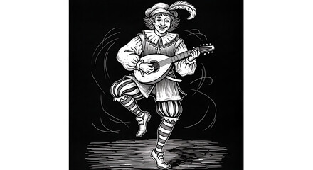 Joyful medieval bard in vintage attire performing a lively jig with a stringed lute instrument, depicted in a detailed black and white woodcut style hatching illustration engraving sketch