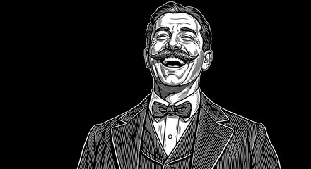 Joyful gentleman sporting a thick mustache and large smile dressed in vintage formal attire laughing heartily in a classic pencil sketch illustration style portraying genuine happiness and mirth