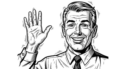Cheerful vintage man waving hand with a joyful smile in classic retro sketch style, perfect for nostalgic advertising, greetings, pop culture themes, and engraved artistic illustration.
