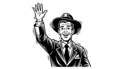 Vintage hand drawn illustration of a happy male character waving classic retro advertising style engraved sketch aesthetic for nostalgic greetings and pop culture graphic design