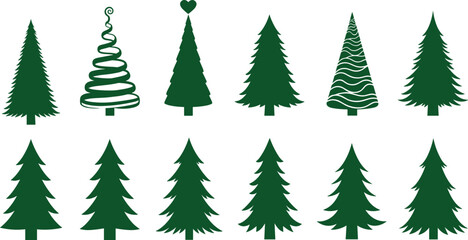 Obraz premium Collection of vector Christmas tree silhouettes featuring various green pine and fir shapes for winter holiday graphic design elements.