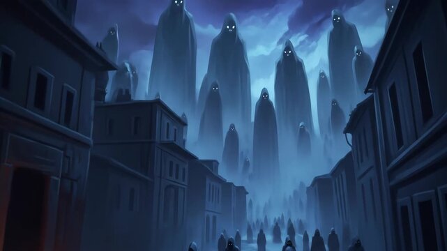 Mysterious Cloaked Figures on a Pilgrimage Through a Dark City.