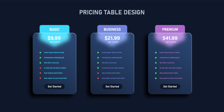 Dark Mode Three Column Pricing Table UI Design for SaaS Website and Mobile App Subscription Plans