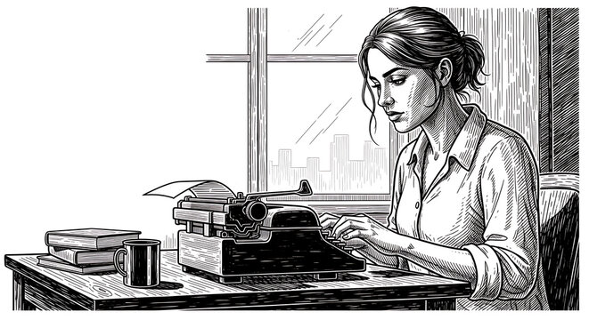 Elegant vintage female author sitting at an antique desk using a manual typewriter for creative journalism and historical literature writing in a classic hand-drawn charcoal sketch style.