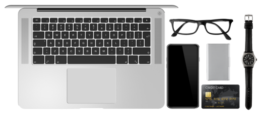overhead view of a modern laptop, smartphone, credit card, glasses, and wristwatch, representing business and personal technology, 3d render.