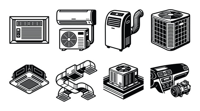 Air conditioning systems vector set. Window AC, mini split, portable, central air conditioning, car AC icons