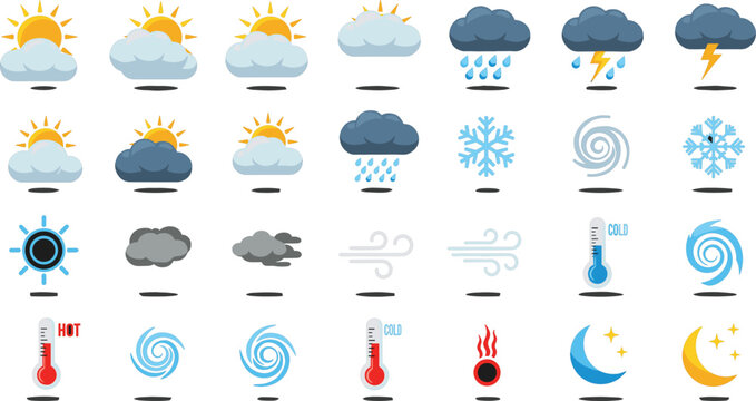 Comprehensive collection of flat weather vector icons featuring sun clouds rain snow storm and temperature thermometers for interface design.