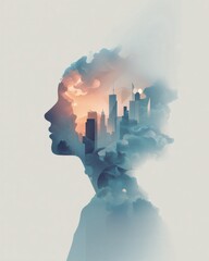 City Skyline Emerging Within Human Silhouette in Dreamlike Light