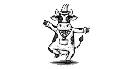 Whimsical Engraving of a Cheerful Dancing Cow Featuring Artistic Sketch Style Playful Bovine Character Illustration Joyful Farm Animal Design in Vintage Woodcut Aesthetic Generative Illustration