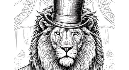 Regal circus lion wearing elegant top hat majestic feline performer detailed sketch engraving vintage style artistic illustration fictional creature beast portrait predator carnival mascot