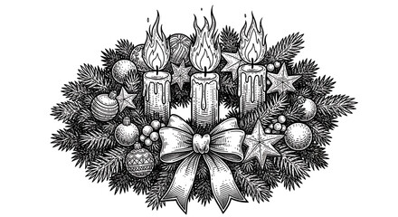 Festive Christmas wreath illustration featuring three glowing burning wax candles artistic ribbon bow evergreen pine branches and seasonal holiday ornaments hand-drawn pencil sketch style.