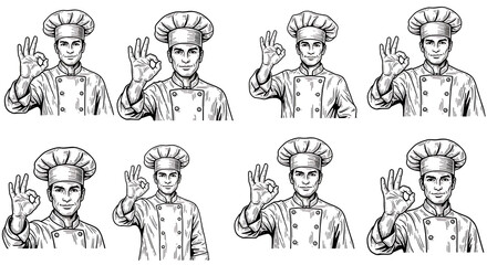 Professional Gastronomic Chef Character Hand Gesture Set Collection Illustration Sketch Engraving Style Featuring Classic Culinary Expert Showing OK Sign Symbol Creative Gastronomy Vector Graphic