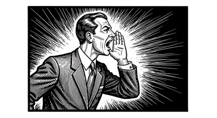 Formal businessman in classic suit yelling with hand cupped to mouth making loud announcement or urgent call, detailed vintage sketch engraving illustration style on clean background.