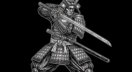 Bushido muscular samurai warrior wielding katana sword showcasing traditional Japanese historical combat art detailed ink sketch etching engraving illustration monochrome aesthetic