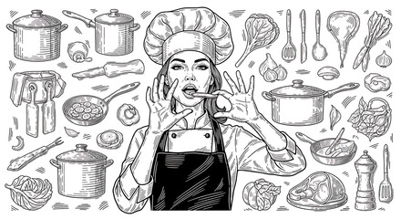 Artistic hand drawn sketch of a professional female chef performing the classic Italian bellissimo delicious gesture, celebrating culinary excellence and gourmet food preparation theme.