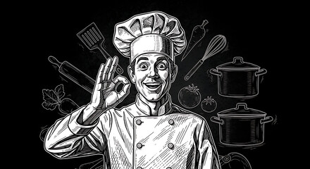 Artistic sketch engraving of a professional chef making the classic Italian bellissimo hand gesture, representing delicious gourmet cooking, culinary excellence, and fine food themes.
