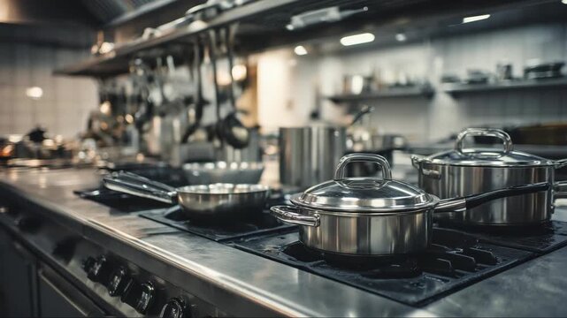 Professional stainless steel commercial kitchen stovetop and cookware