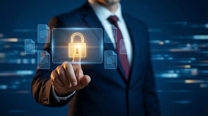 Businessman securing digital documents with glowing padlock icon, representing data protection and security in modern business technology
