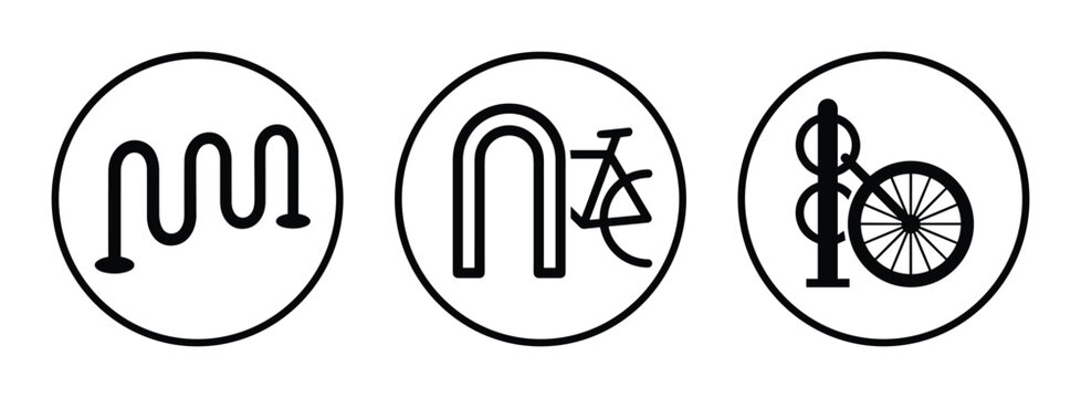 Bike rack icons set, simple vector symbols for bicycle parking and accessibility, black and white line art, circle designs.