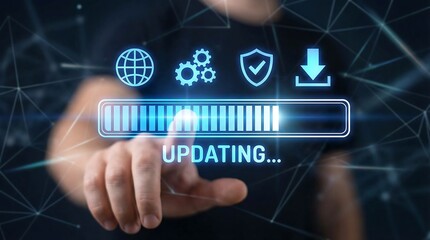 Man interacts with a futuristic digital interface displaying an updating progress bar and icons, conveying innovation and technology in a modern setting.