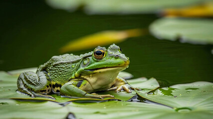Green frog sitting on lily pad in serene pond environment