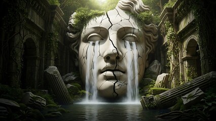 Obraz premium Cracked stone face with water flowing.