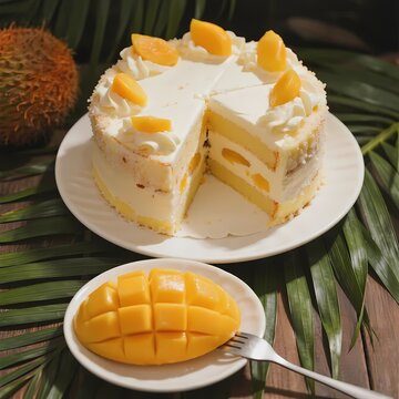 Mango cake with fresh mango slices and durian in background on tropical leaves