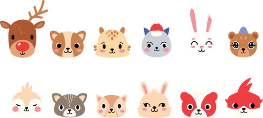 Obraz premium Cute forest animal face icons set in flat cartoon style, adorable woodland characters vector illustration collection