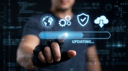 Man interacts with a futuristic interface to update technology, symbolizing innovation and progress in a digital age.